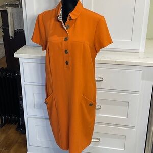 Vibrant Orange Button-Up with Leopard Accent Around Neck